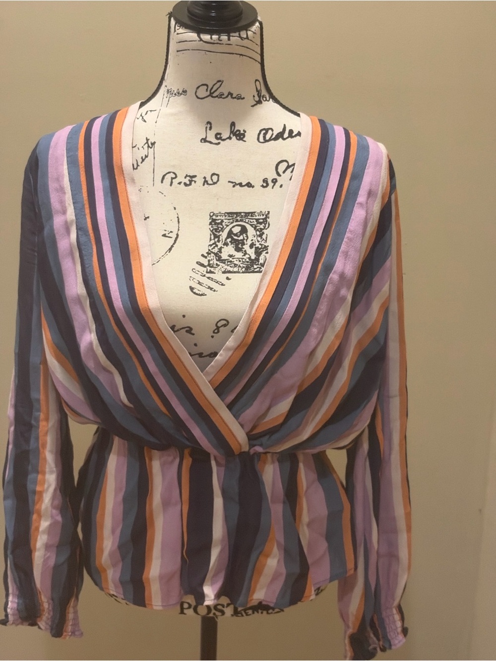 June & Hudson Striped Wrap Peplum Blouse Medium